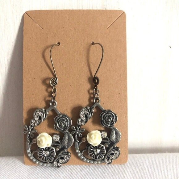 Ornate Butterfly Flower Rhinestone Teardrop Dangle Earrings - Picture 1 of 7